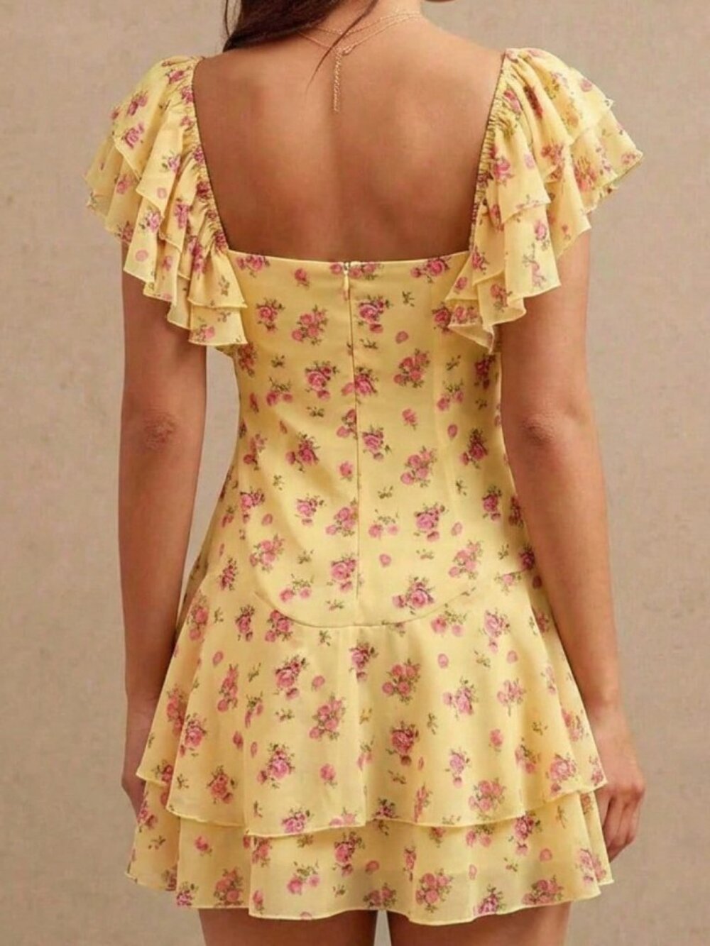 Yellow Boho Women's Floral Ruffle V Neck Mini Dress - Picture 2 of 5
